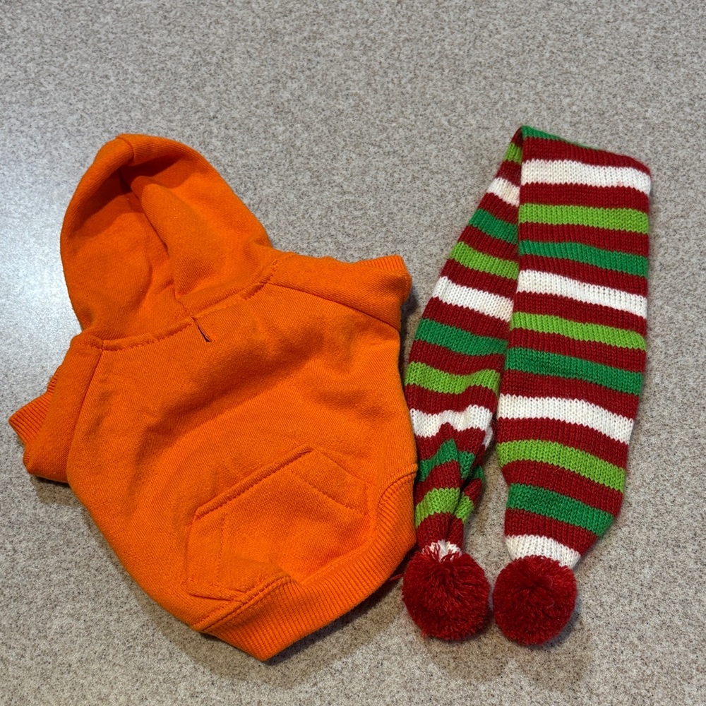 Small Dog Hoodie & Elf Scarf Set Orange Striped for Up to 10 Pounds